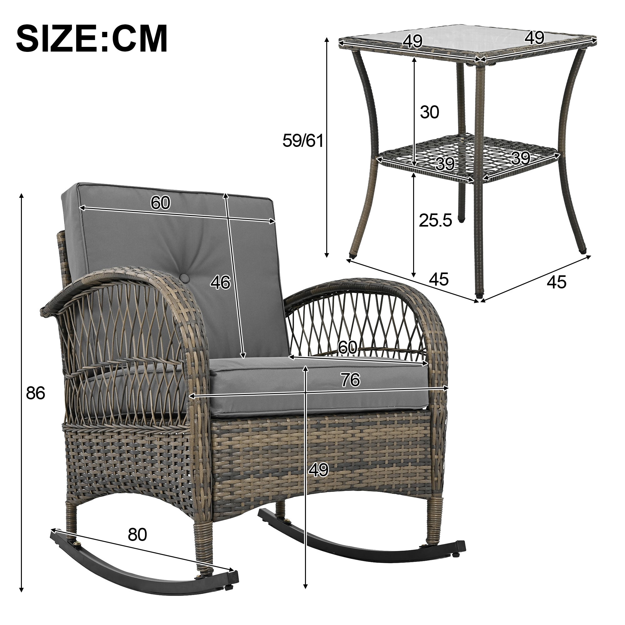 Salon de jardin 3 pièces : 2 fauteuils à bascule en rotin avec coussins gris et table en verre trempé - 4