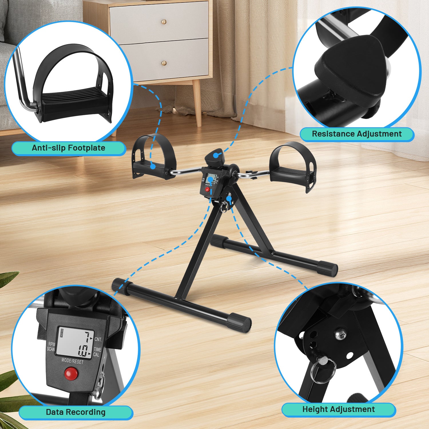 Mini bike de exercício dobrável com LCD, pedaleira compacta braços pernas, resistência ajustável, treino leve casa escritório idosos, compacto, leve - 3