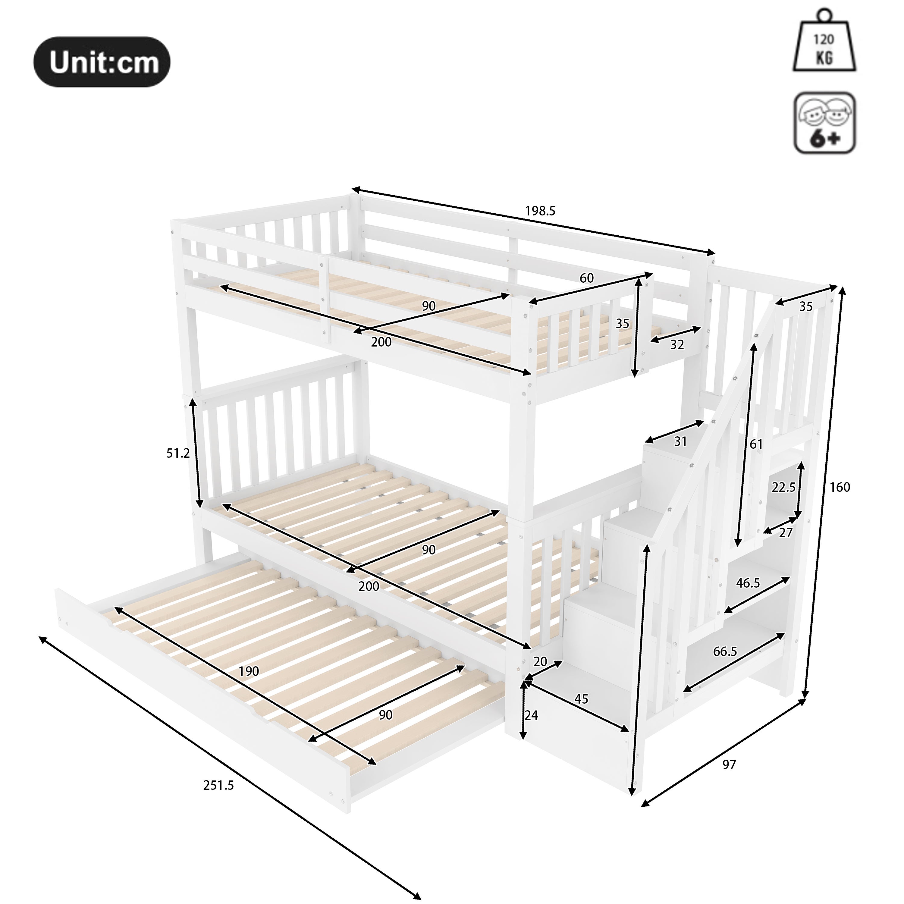 Lit superposé 90 x 200 cm avec étagère en escalier, équipé d'un lit à roulettes rétractables, barrières de sécurité hautes, blanc - 4