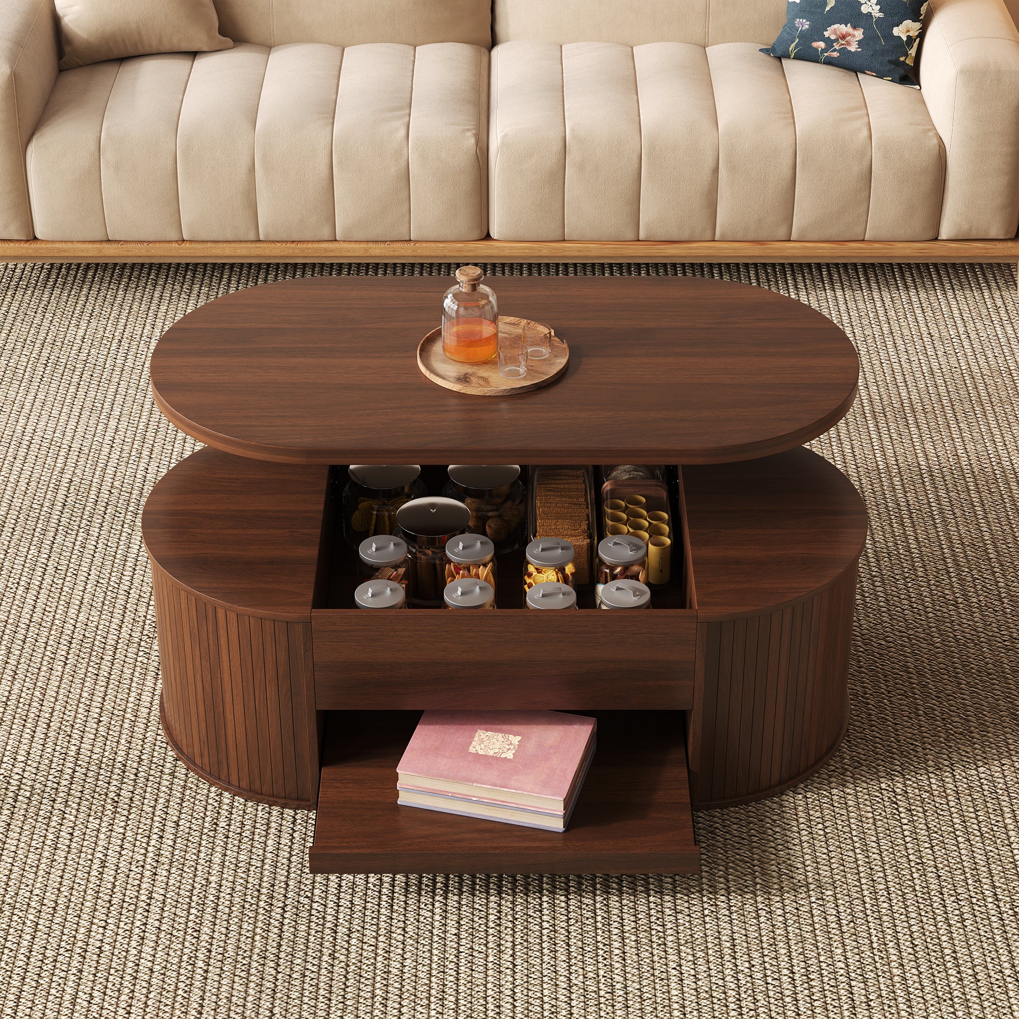 Table basse relevable multifonction 110x55x40 cm, Plateau réglable et étagère coulissante, Bords bois incurvés, Style vintage et gain de place, Noyer - 4