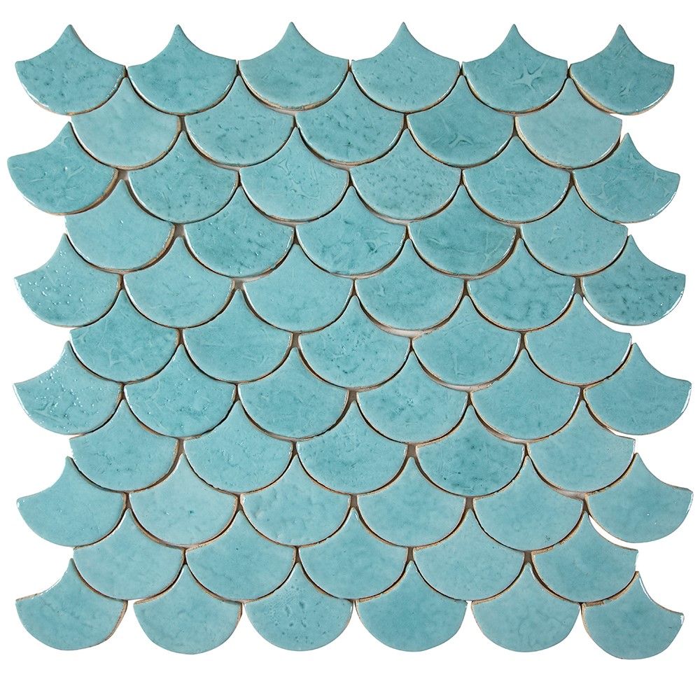 Azulejos a escala azul, azul claro, azul 'azure lagoon' 0,3 m²/caja, 49 azulejos 10,2×9 cm - baño, cocina, salón