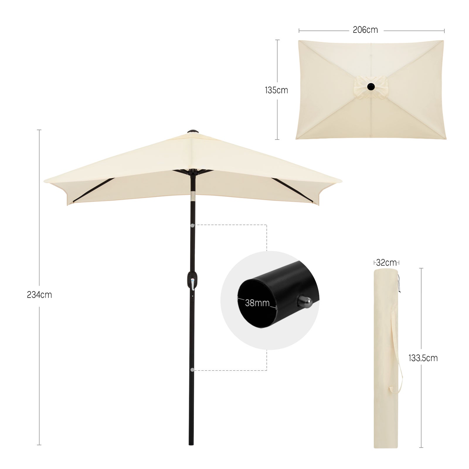 Parasol de Jardin Inclinable WOLTU, Parasol Rectangulaire inclinable de Jardin, 206x135cm, Beige - 4