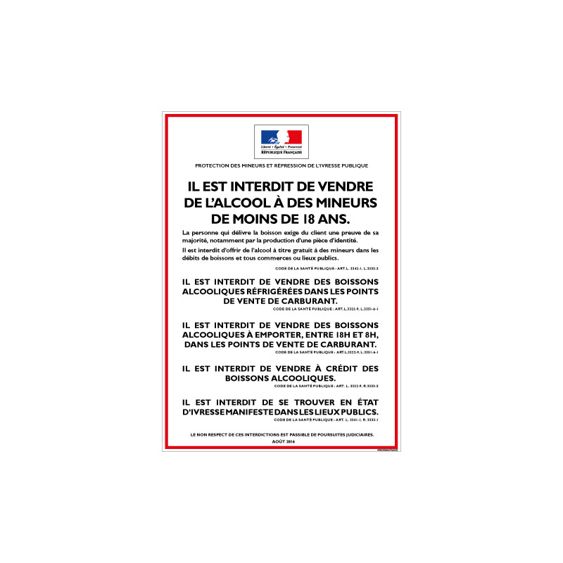 INTERDICTION VENTE ALCOOL AUX MINEURS (POUR POINT DE VENTE CARBURANT) (A0612) 450 x 630 mm
