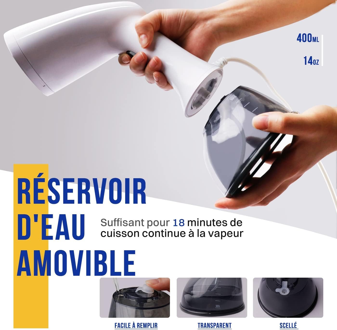 Défroisseur vapeur 1640W haute puissance, portable maison bureau voyage, réservoir 400ML, blanc. (87 caractères) - 6