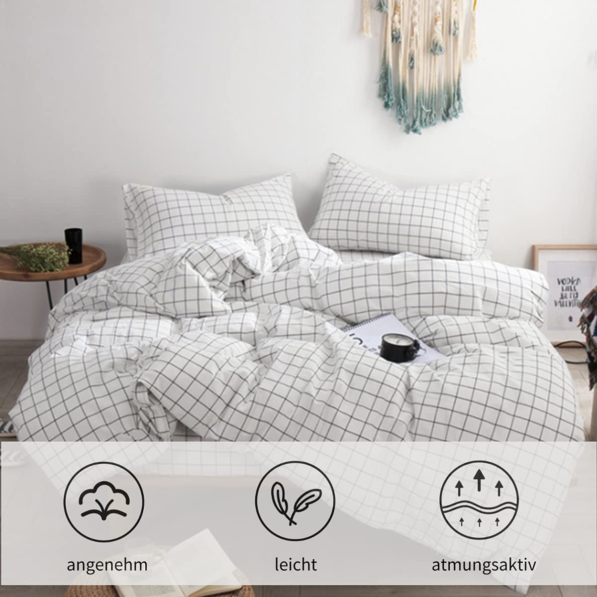 Conjunto de cama de 4 peças, capa de edredom de malha xadrez preta e branca com fecho de zíper e alças de canto (cama de 2 m) - 2