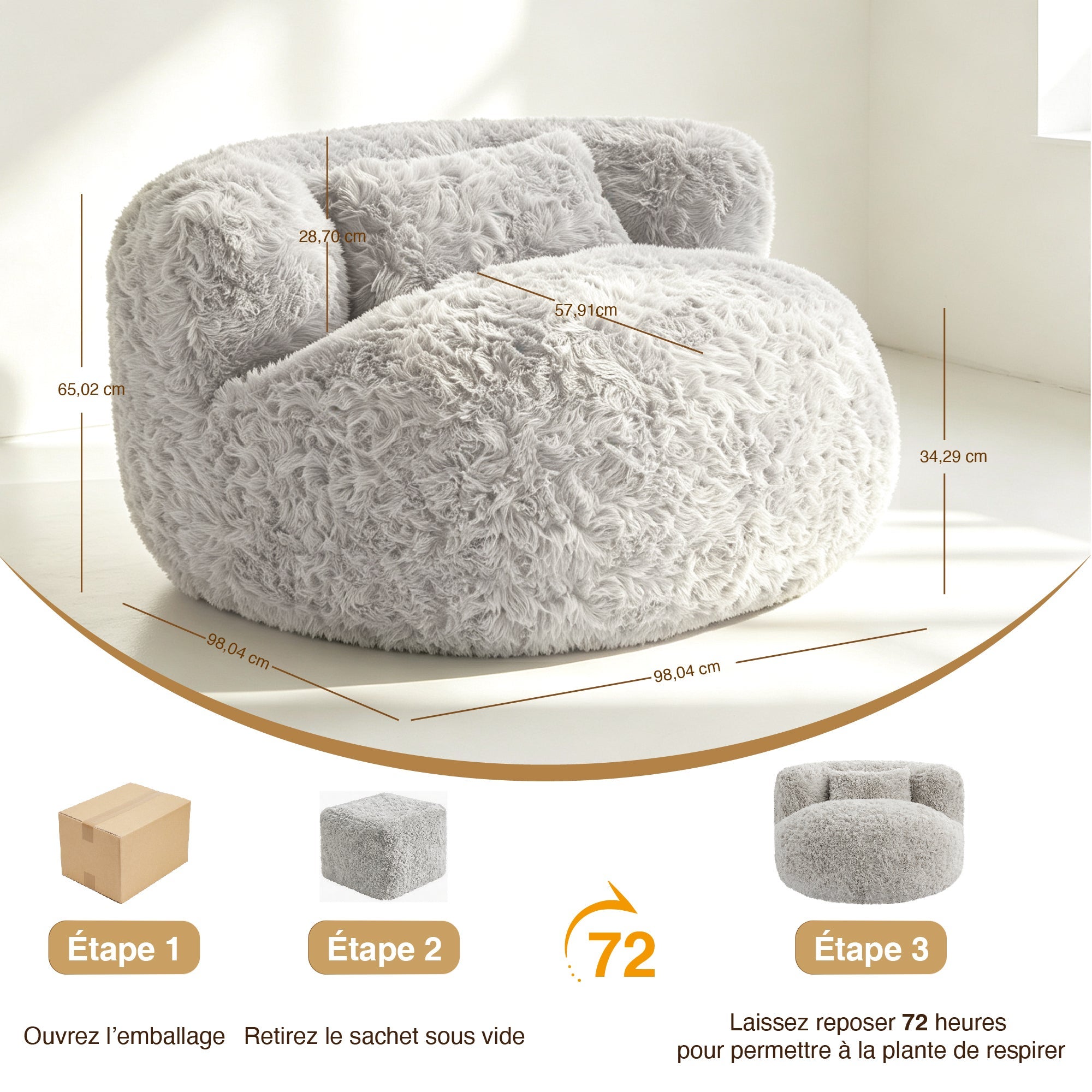 Fauteuil pouf 1 place, pouf compressé, Avec oreiller, mousse haute densité, gris clair - 3