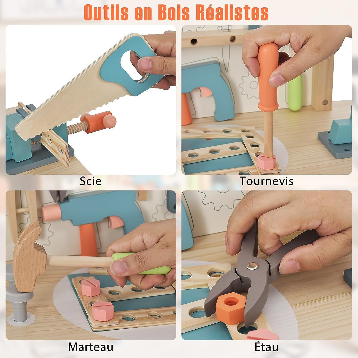 Jouet d'Etabli en Bois pour Enfants avec 8 Outils & 53 Accessoires, Jeu d'imitation Bricolage avec Tableau Noir, Cadeau Enfant 3-8 Ans - 3
