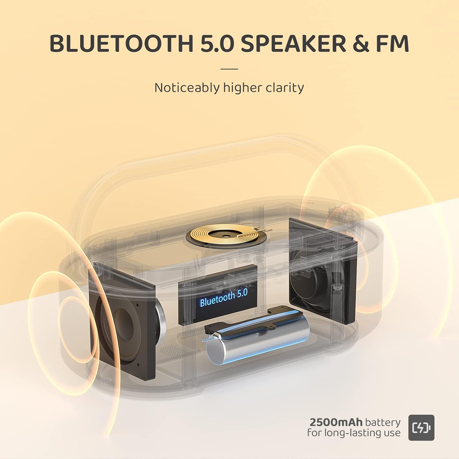 Réveil Bluetooth avec chargeur sans fil, radio FM, veilleuse LED réglable, enceinte portable 6 en 1 pour chambre à coucher, 2&nbsp;500 mAh - 5