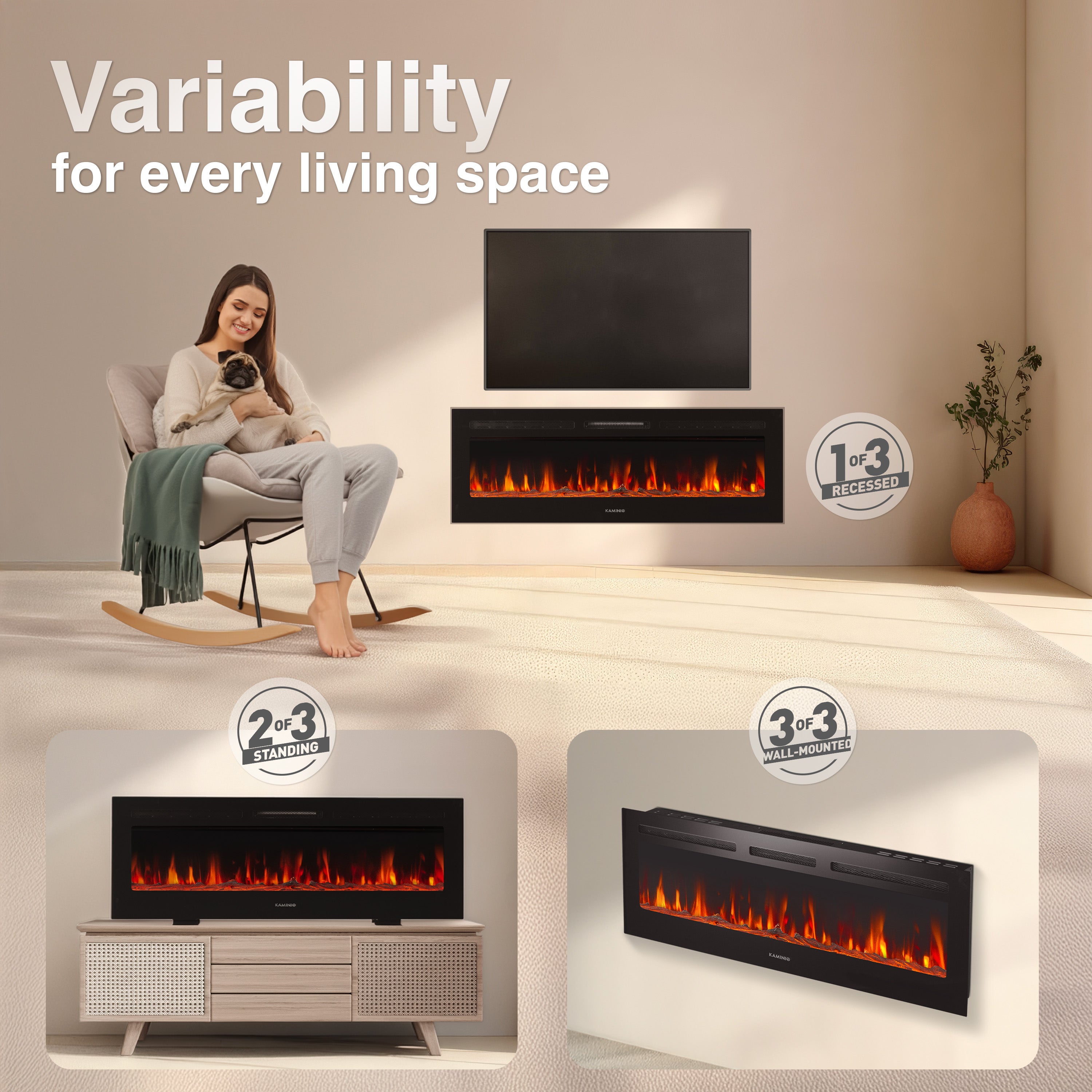 KAMINIO Chimenea eléctrica MARLON - Chimenea eléctrica 3 en 1 con calentador, efecto de llama 3D, 12 colores de llama, control remoto - 50 pulgadas - 2