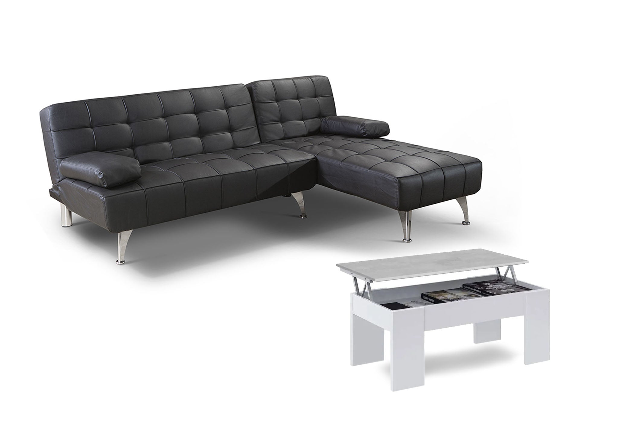 Oferta: sofa cama chaise longue xs negro en polipiel + mesa de centro blanco y cemento