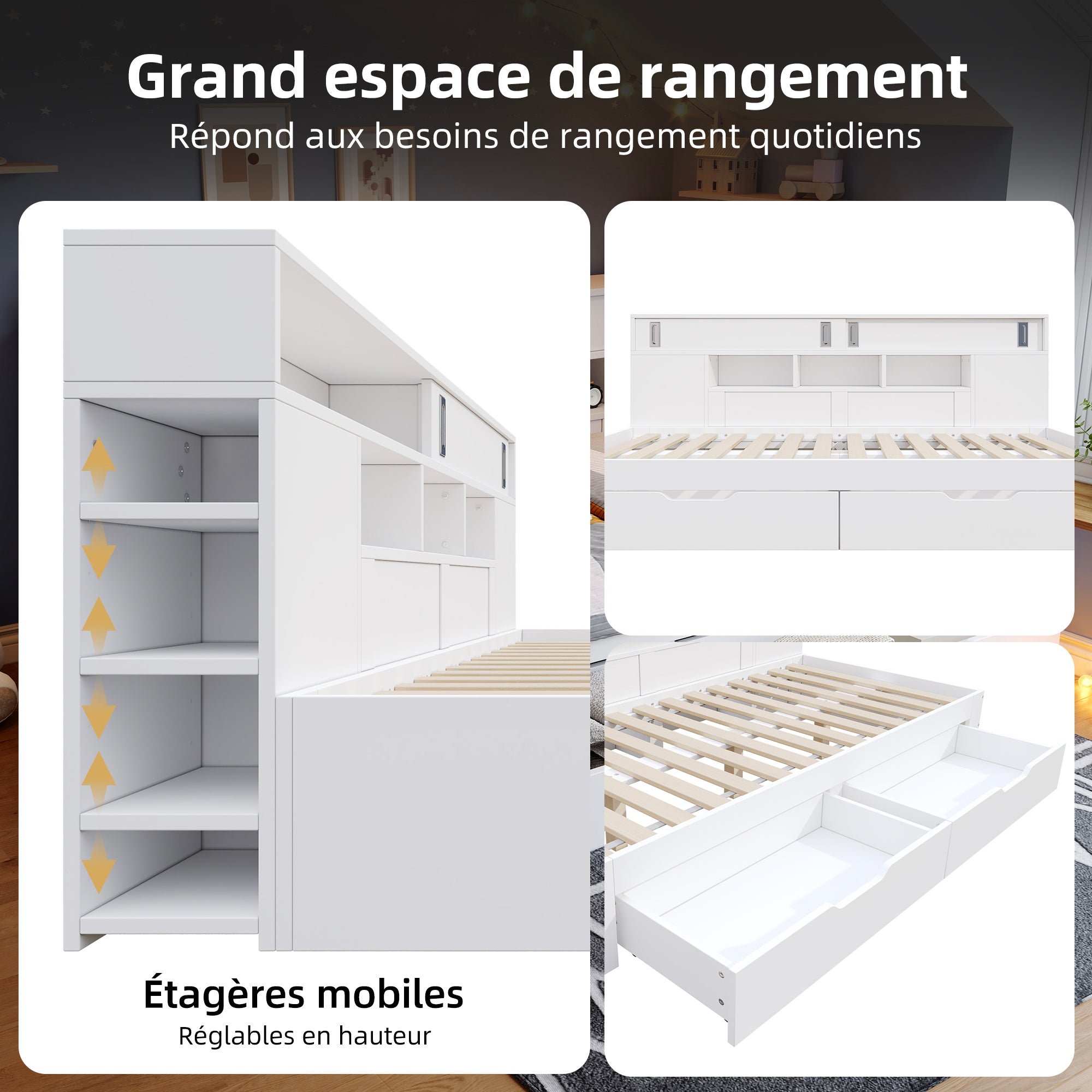 Lit enfant 140x190 cm - Avec 2 tiroirs - Armoire à portes coulissantes - Étagères latérales réglables - MDF - Blanc (sans matelas) - 5