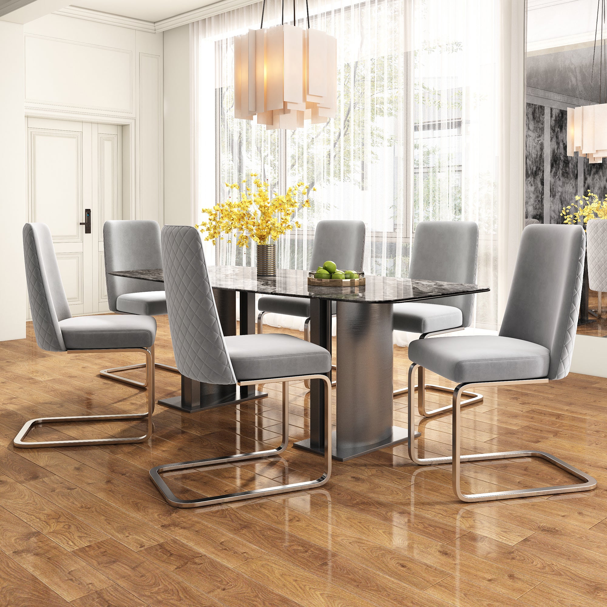 Zestaw 6 krzeseł do jadalni z wysięgnikiem bez podłokietników - 45 x 52 x 88 cm - Aksamit i srebrne metalowe nogi - Szary
