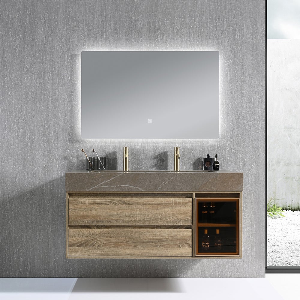 Meuble salle de bain double vasque 120cm bois et effet marbre marron avec miroir LED LB-8512M-120 - 2