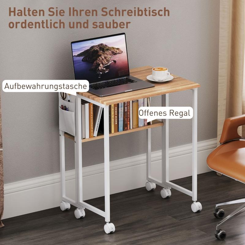 Bureau pliant compact avec roulettes, table d’ordinateur pratique avec étagère et rangement, meuble gain de place pour home office - 5