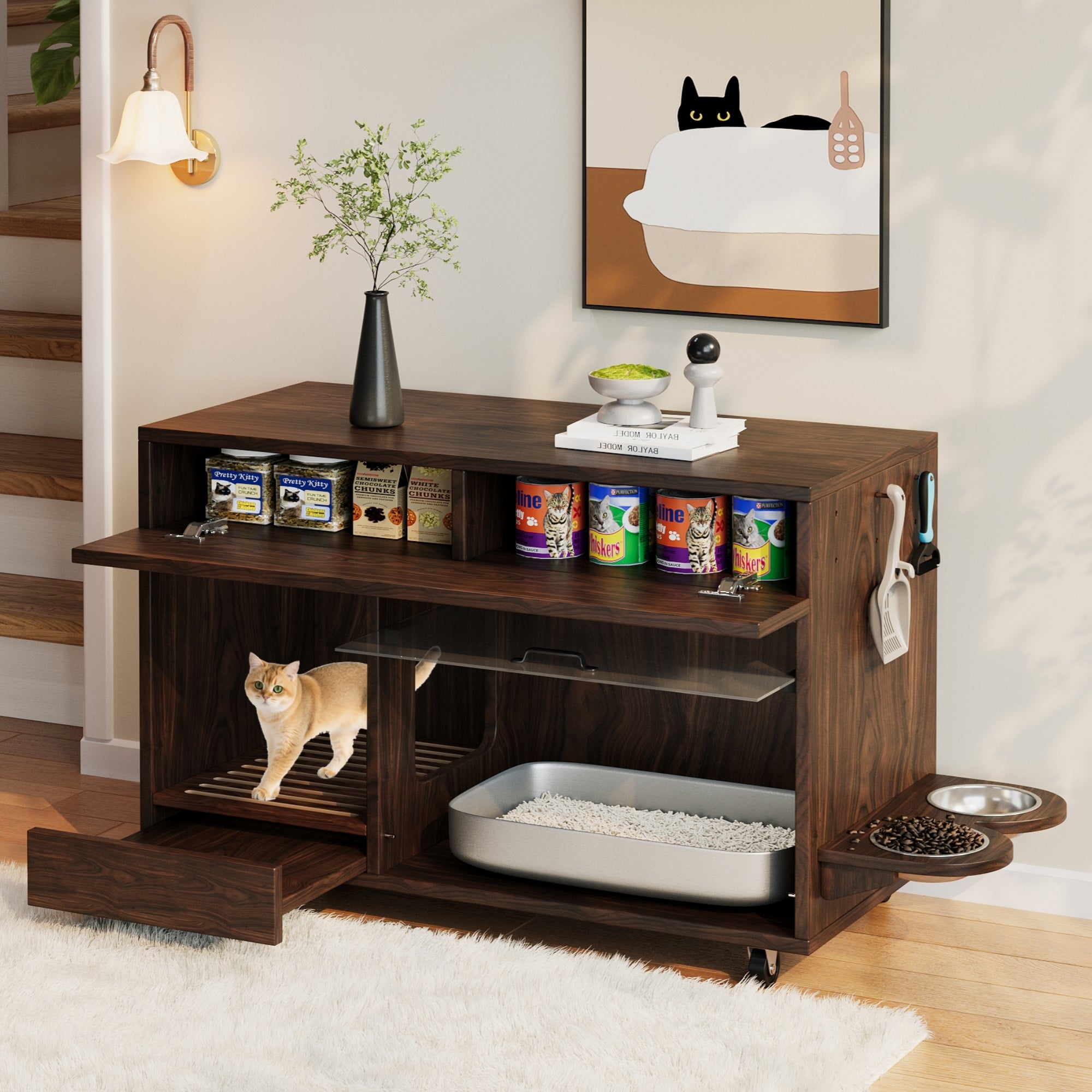 Szafka na kuwetę z 1 drzwiami, płytą odpływową na piasek i płytą z otworem na haczyk - 100 x 45,5 x 67 cm - MDF - orzech