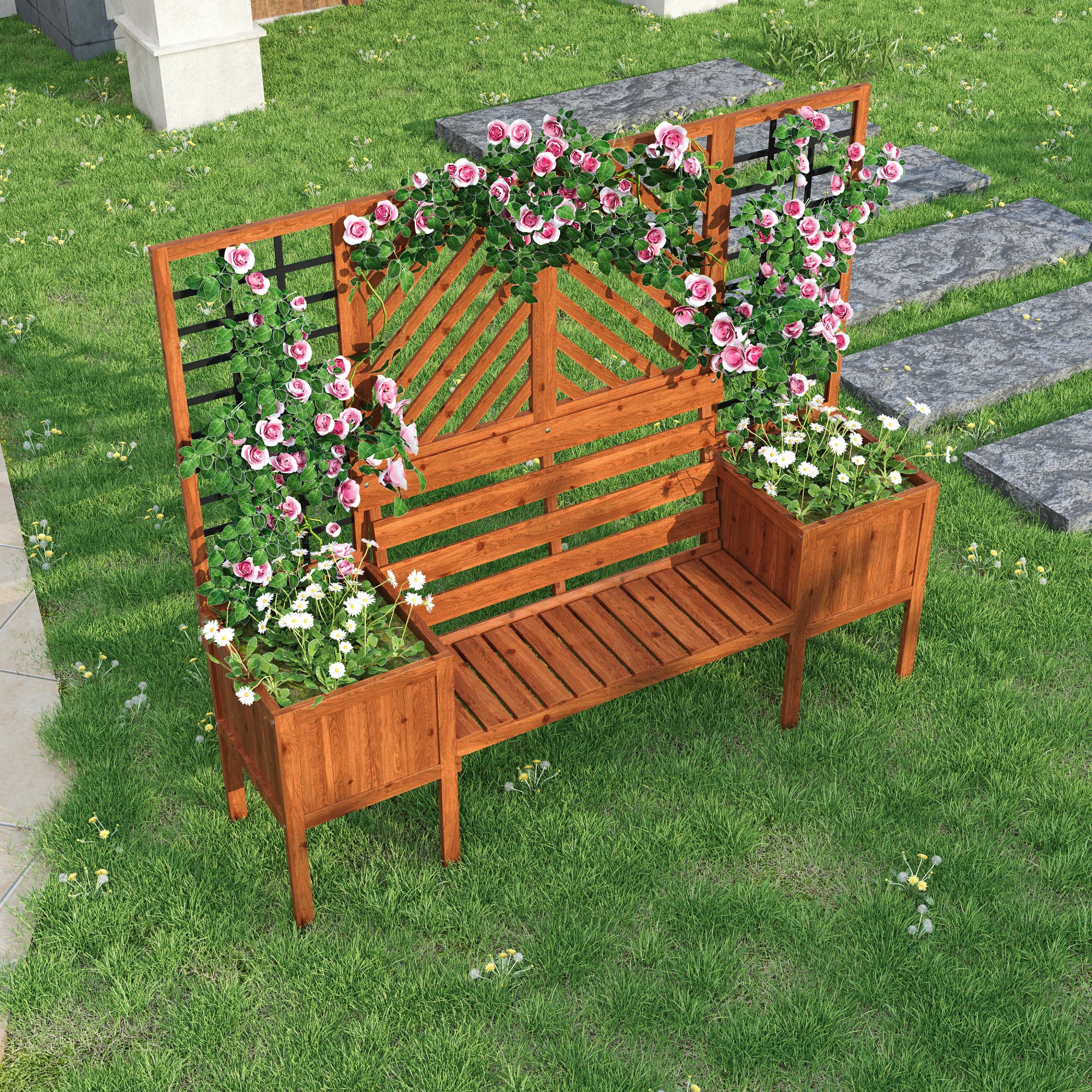 Lot de 2 Jardinière sur pièds avec Treillis en bois massif + 1 banc 2 places - 170 x 42 x 145 cm - Marron - 9