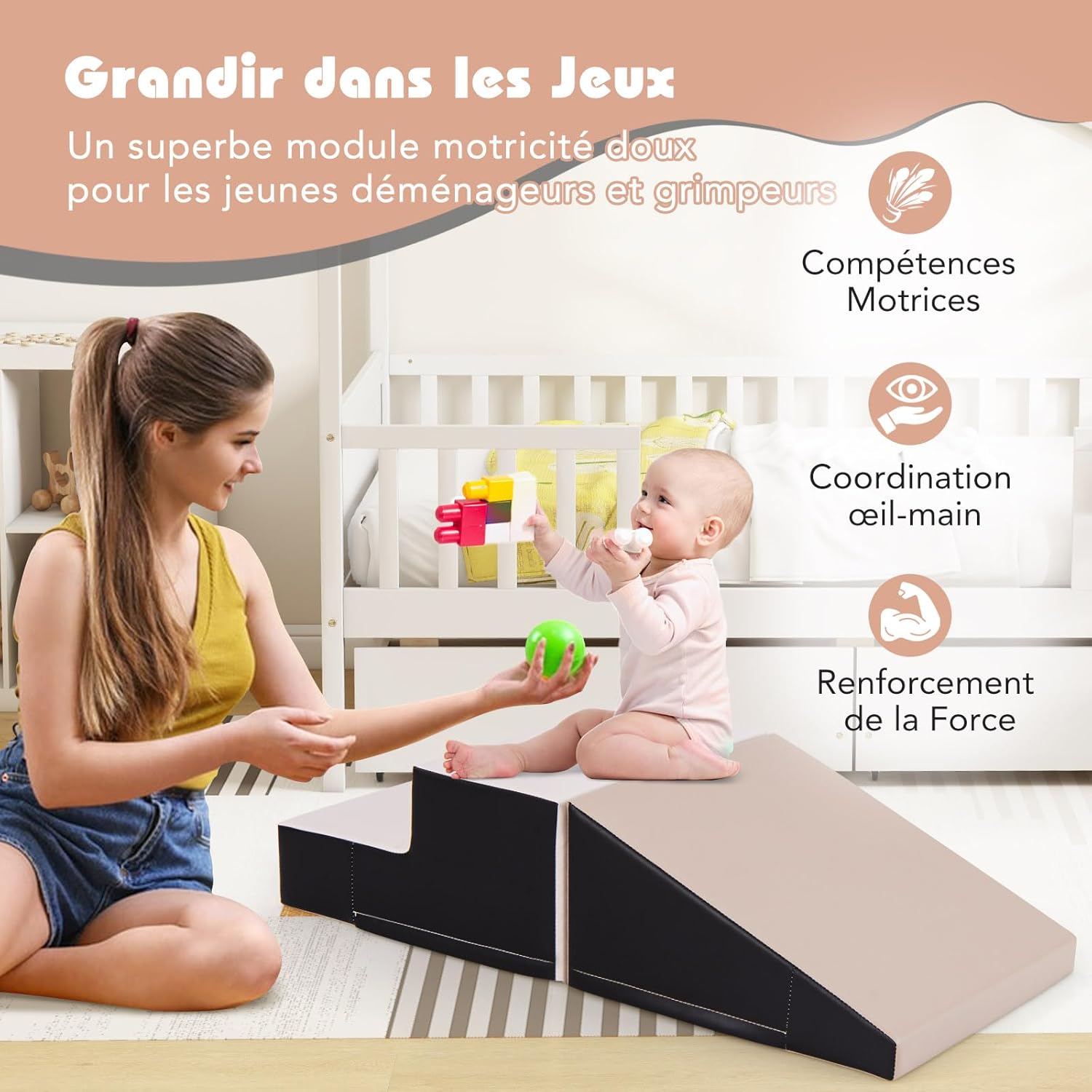 2PCS Parcours Motricité Bébé en Mousse avec Housse Amovible en PU, avec Marche & Toboggan, Jouets Éducatifs pour Ramper Grimper(Gris) - 2