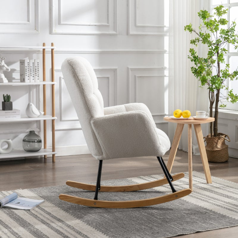 Nowoczesny fotel bujany w tkaninie Teddy z wyściełanymi podłokietnikami i pikowanym wzorem – idealny do salonu i sypialni - 4