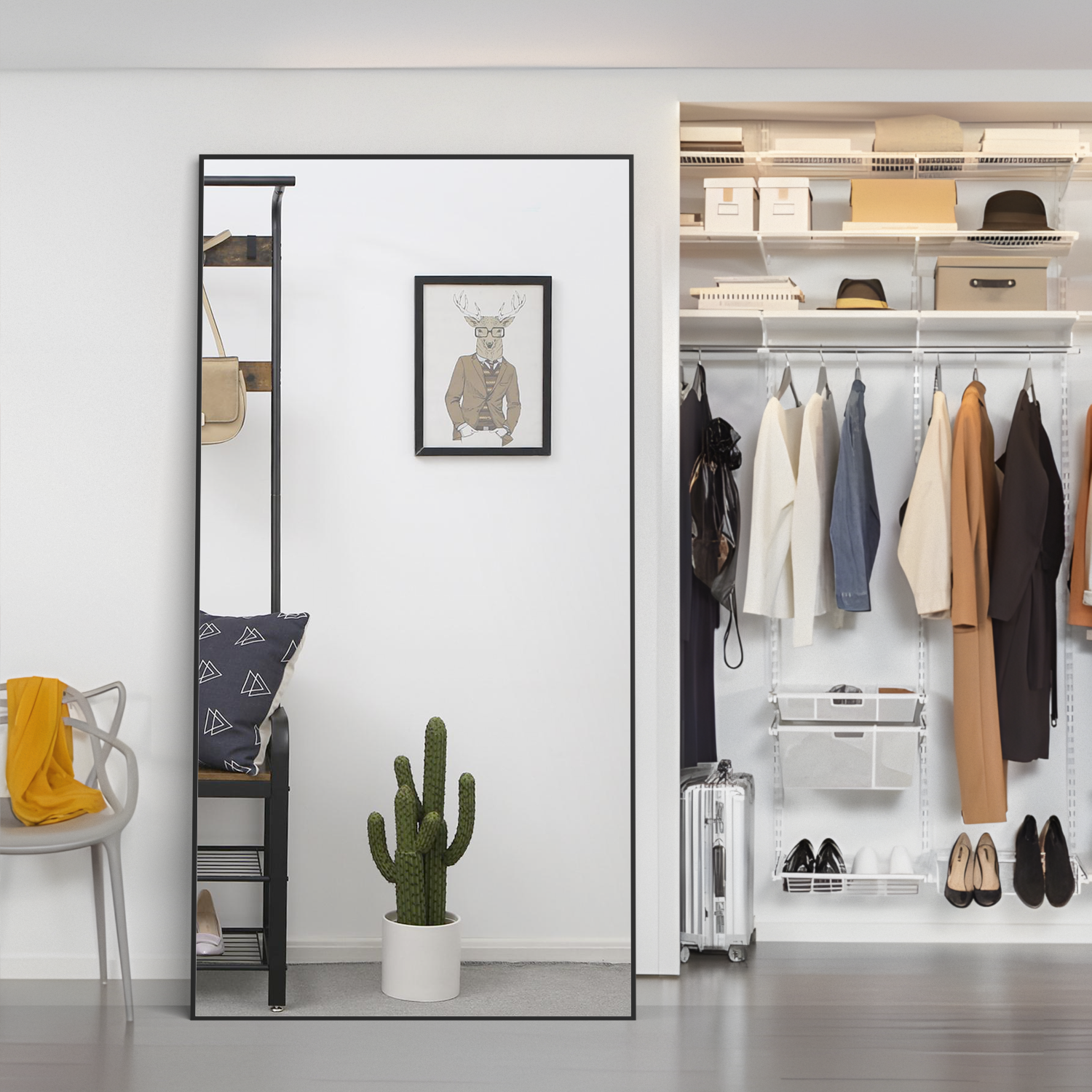 Espejo rectangular grande de 180 x 80 cm, espejo de cuerpo entero, espejo de dormitorio de pie o de pared, marco de aluminio, espejo negro - 2