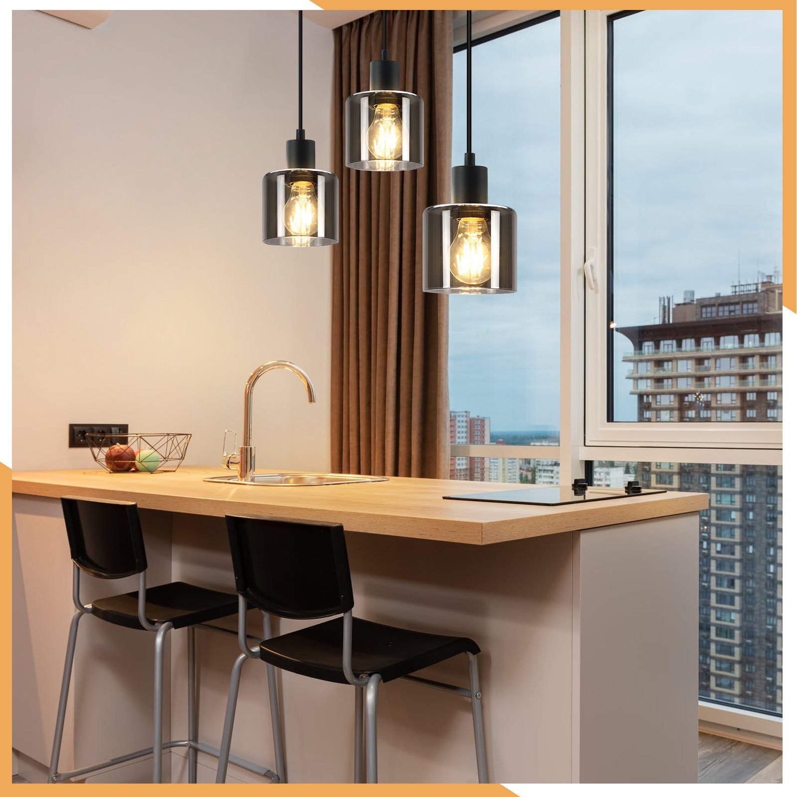 NETTLIFE Lámpara Colgante Vidrio Negro Diam.68 cm E27 Vintage 3 Bombillas Lámpara de Lámpara Industrial Retro para Sala de Estar Hotel Oficina - 9