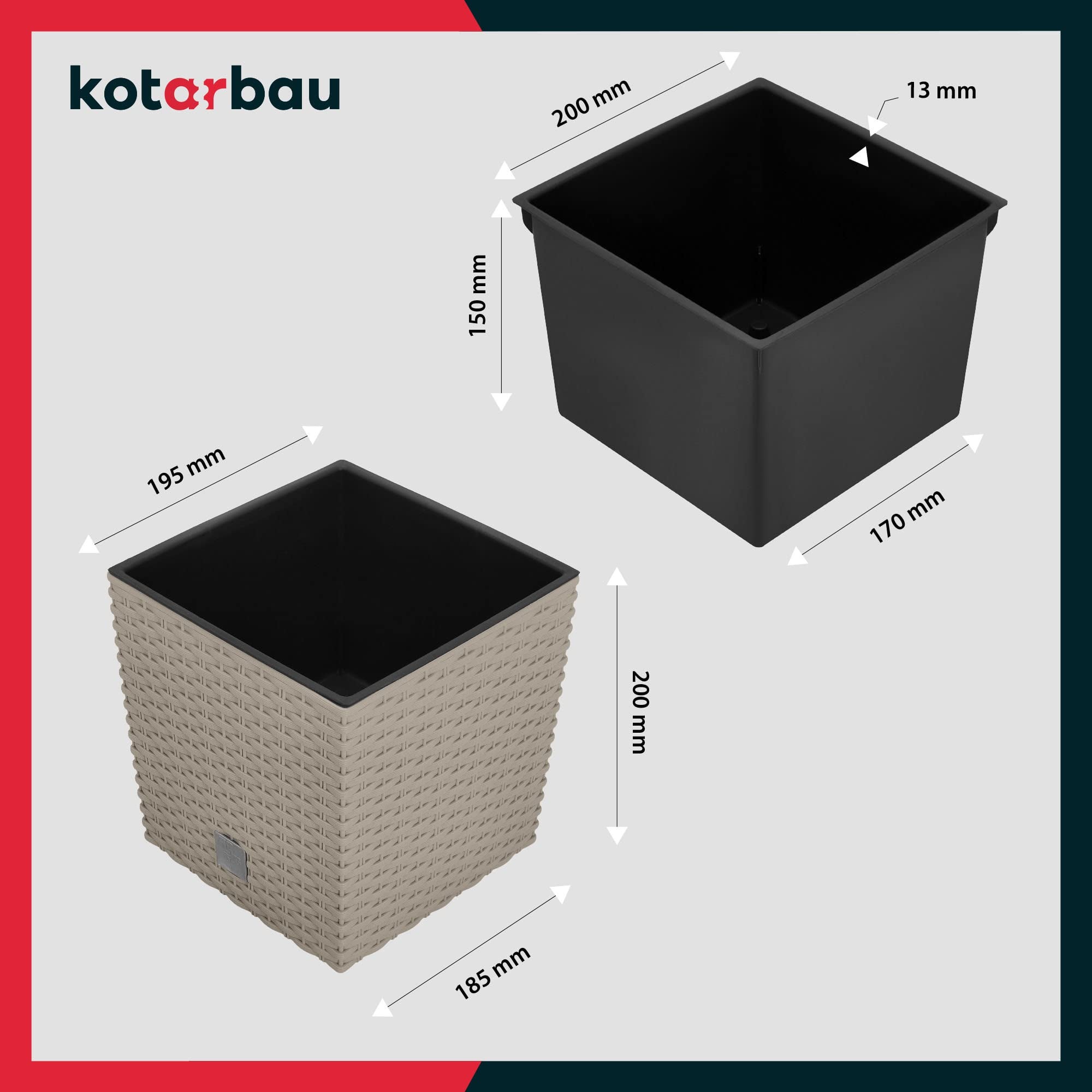 Lot de 2 Pots de Fleurs, 6,8 l, Hauteur : 20 cm, En Plastique, Avec Pot Intérieur, Type Rotin, Pour l'Intérieur et l'Extérieur - KOTARBAU - 3