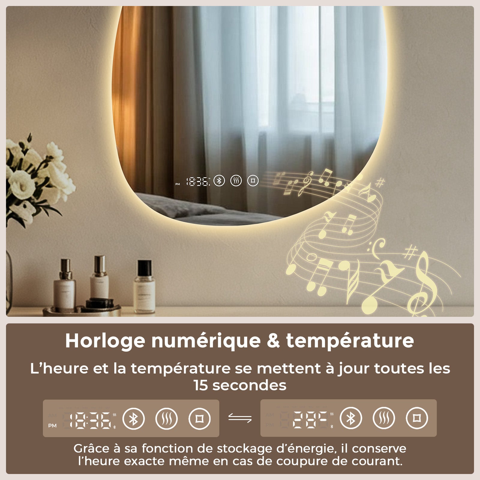 S'AFIELINA Miroir de Salle de Bain avec Éclairage Asymétrique 85 x 50 cm, 3 Couleurs de Lumière Réglables, Antibuée, Bluetooth, Horloge, Température - 3