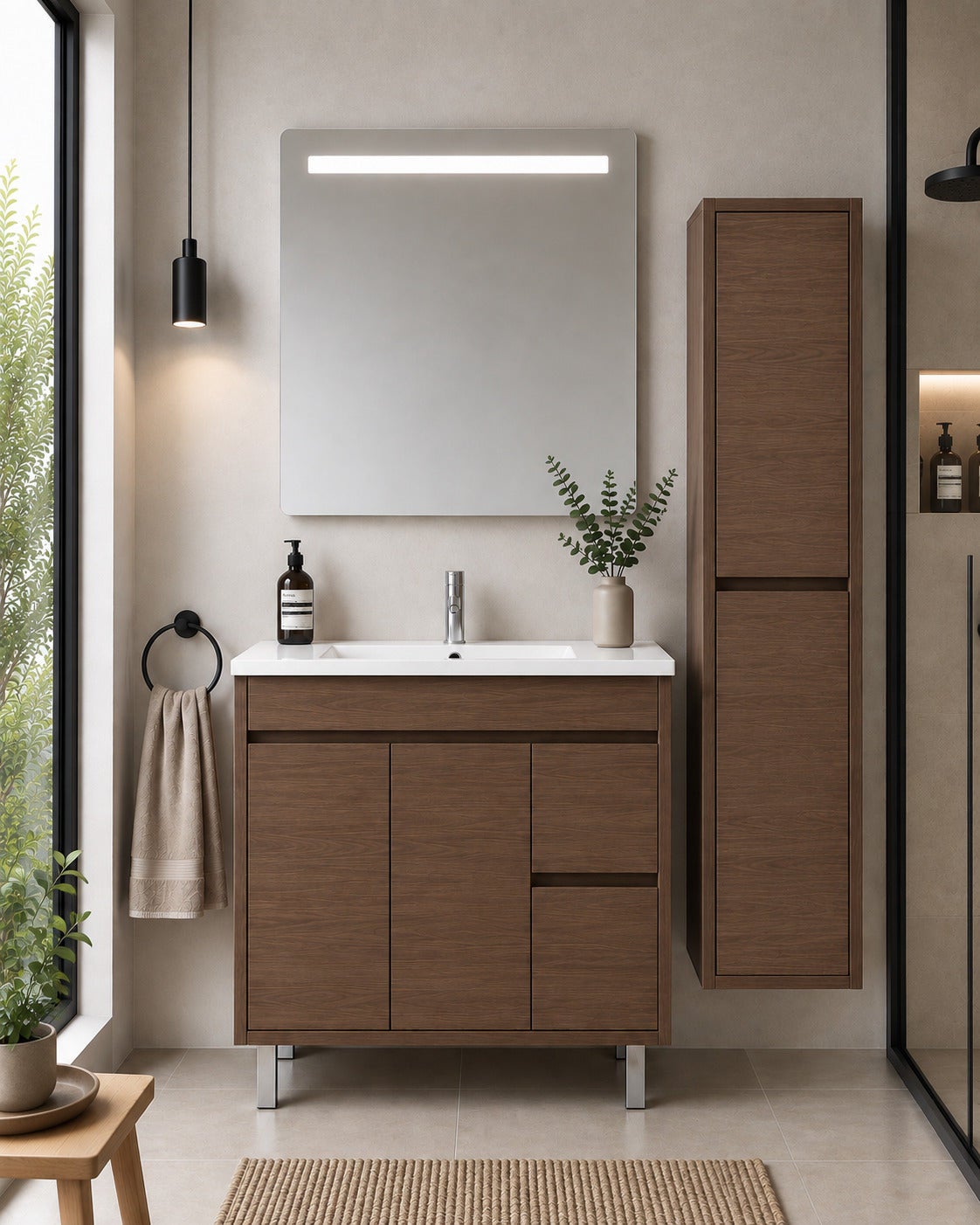 Mobilier de baie cu lavoar ORIGENBATH ISQUIA fără oglindă 80x40 cm frasin tea cu coloană