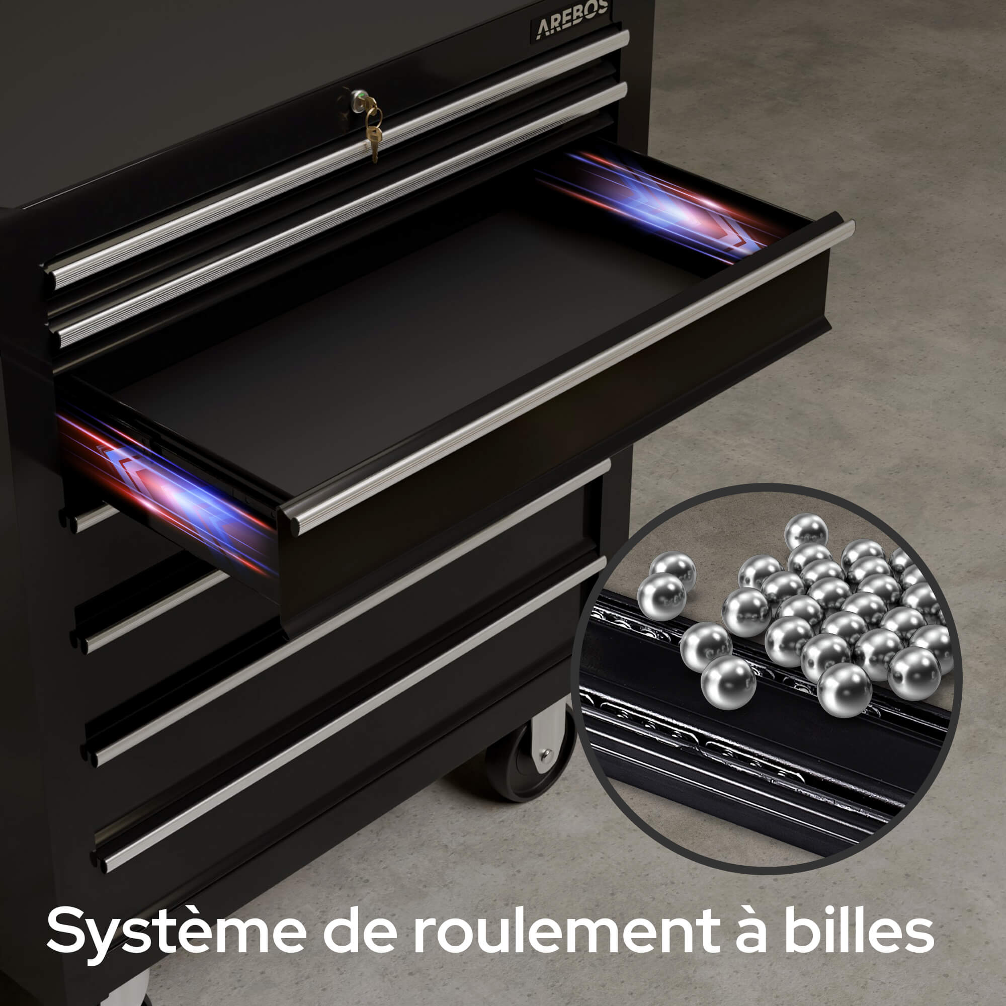 AREBOS Chariot à Outils 7 Tiroirs – Verrouillage Central, Acier Robuste, Tapis Antidérapants, Roues Pivotantes avec Freins - 3