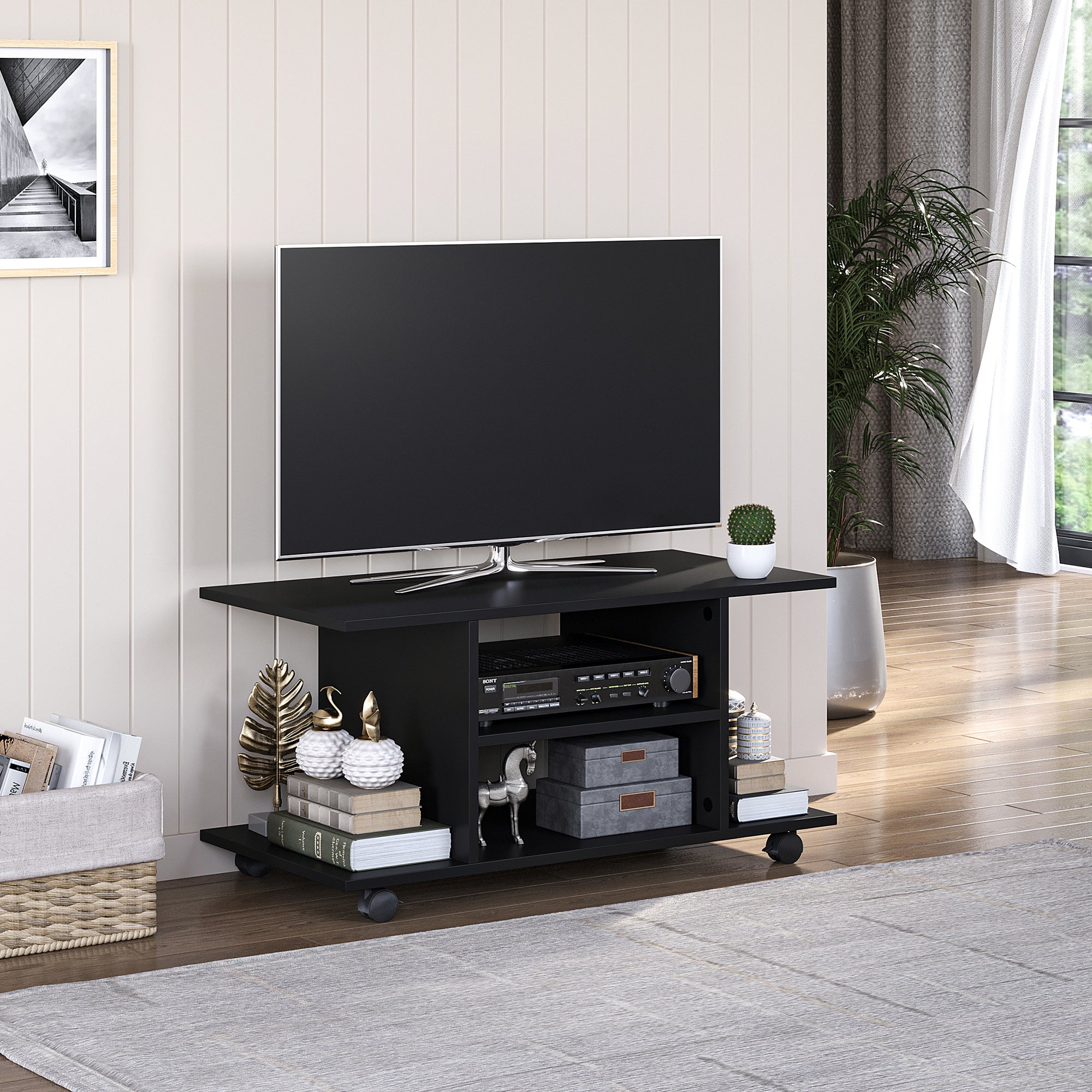 Mueble de TV moderno con estantes, 107 cm, ruedas giratorias con freno ...