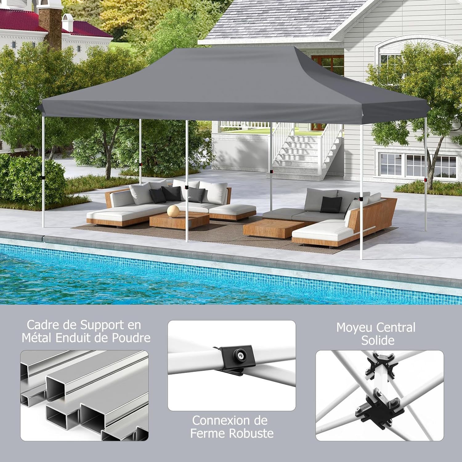 Tonnelle Jardin 3x6M Pop-Up Pliable, Hauteur Réglable, Sac de Transport, 6 Sacs de Sable, Pavillon Portable pour Fête, Mariage, Gris - 9