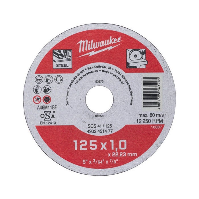 Disque à tronçonner contractor 1mm scs 41/125 - Epaisseur : 1 mm - Alésage : 22,2 mm - Diamètre : 125 mm - MILWAUKEE - 3