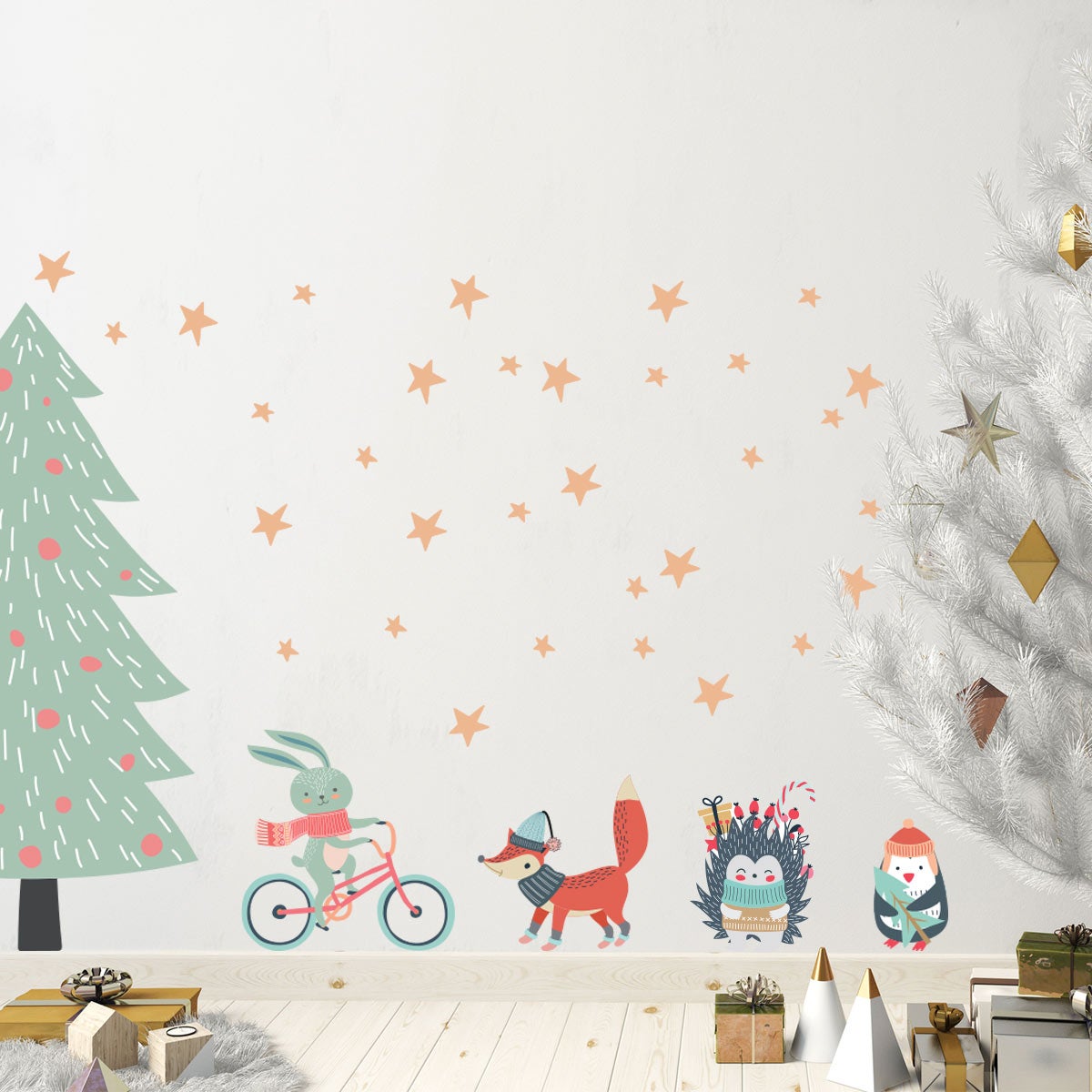 Stickers Noël sapin et animaux scandinaves - Autocollants stickers adhésifs noël - décoration fêtes - 105x70cm - 4