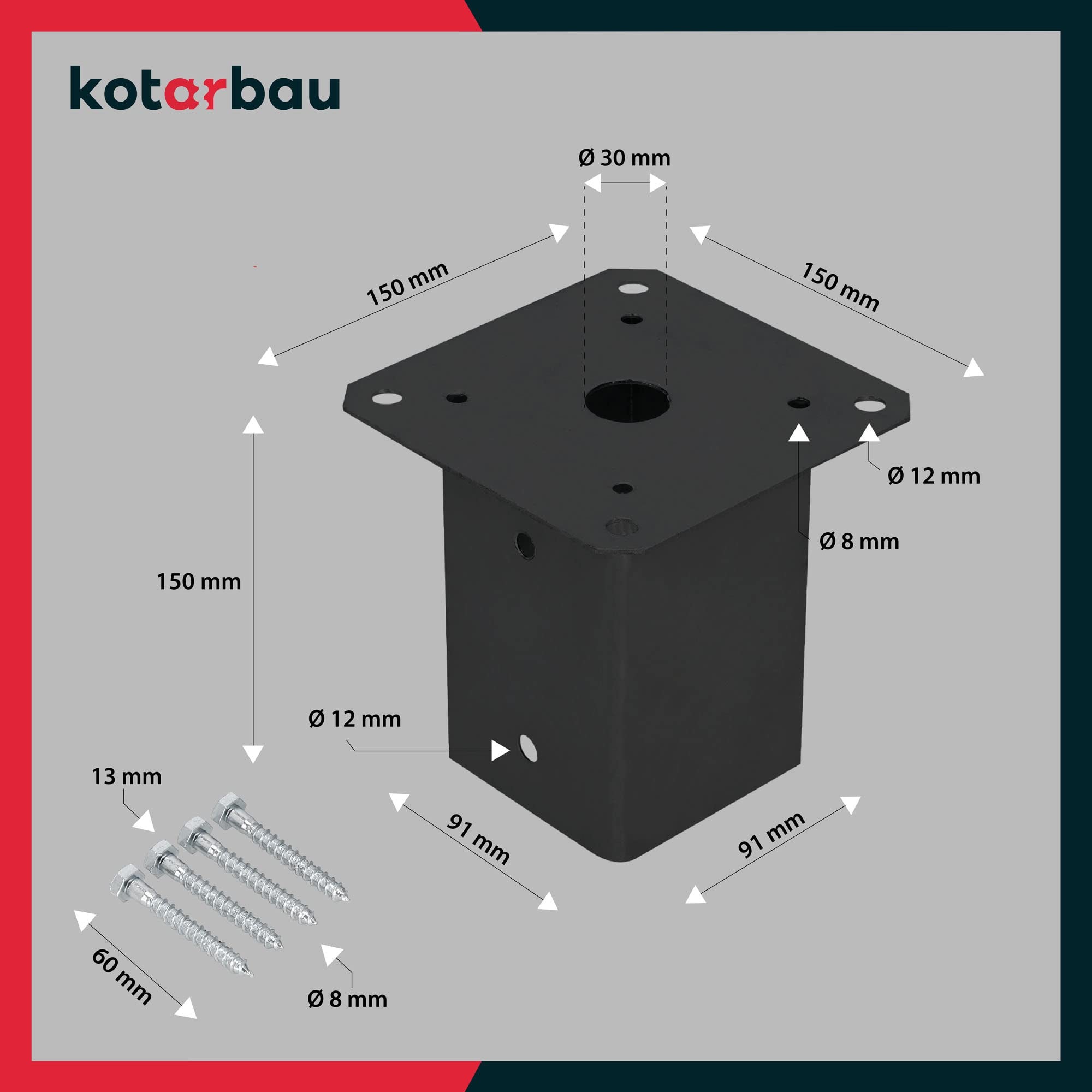 Podstawa Słupa Drewnianego - 90 X 90 MM - Kotwa Przykręcana do Betonu - Wspornik Stalowy - Malowany Proszkowo - Czarny KOTARBAU - 4