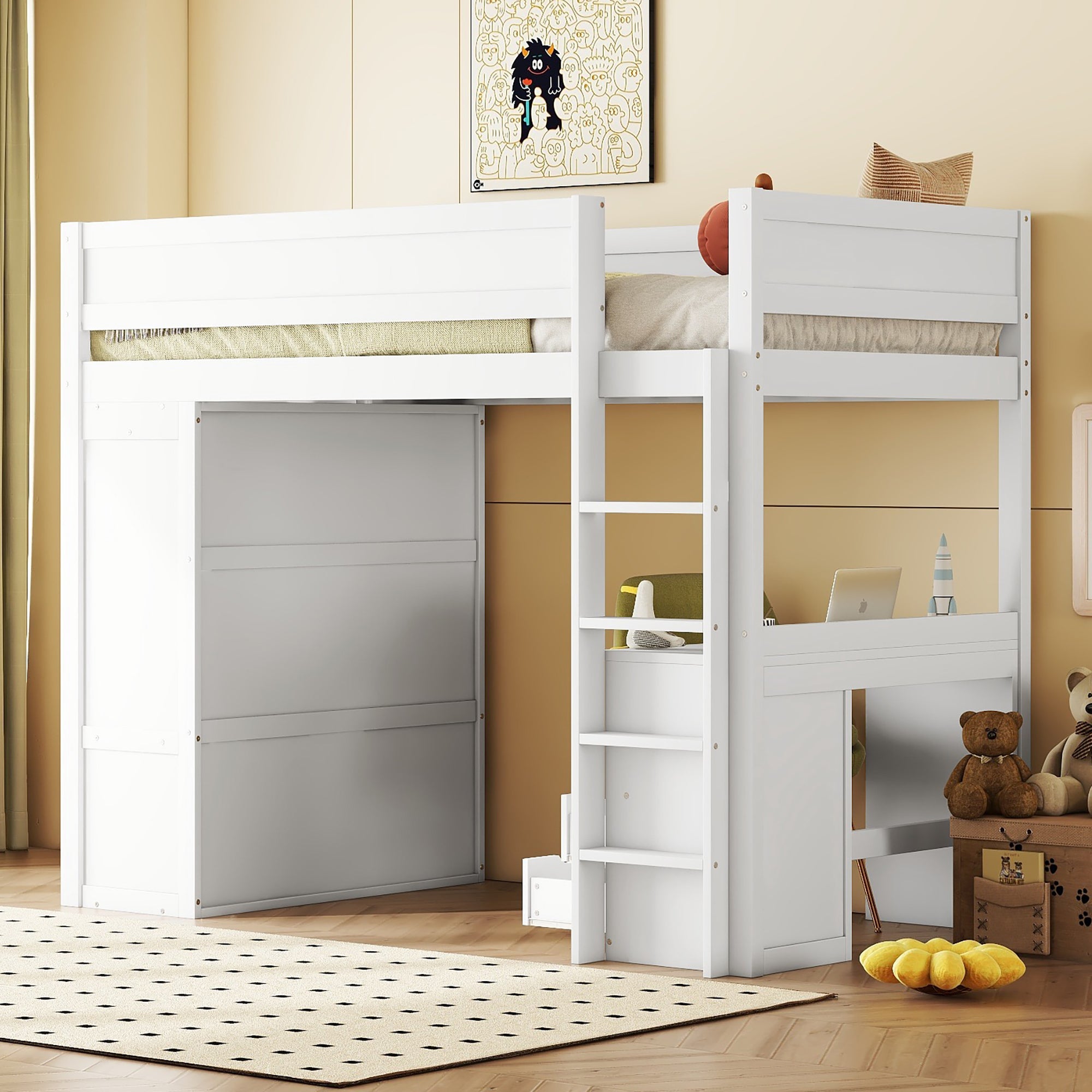 Lit Enfant Mezzanine 90x200 cm, Lit Superposé avec Certification EN 747-1:2024, Lit en bois Armoire et 6 Étagères - Blanc | Leroy Merlin