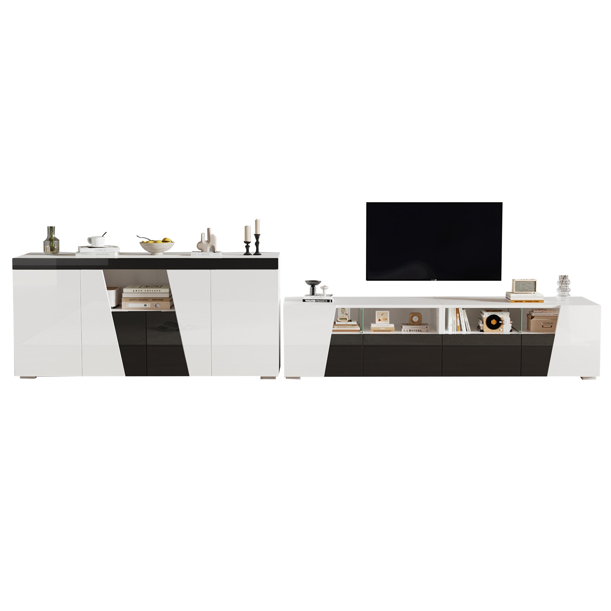 Szafka RTV z 2 drzwiami i 2 szufladami + niska komoda z 4 drzwiami - 180x38,5x45 cm + 140x40x65 cm - diody LED - Płyta wiórowa - Kolor biały + czarny - 7