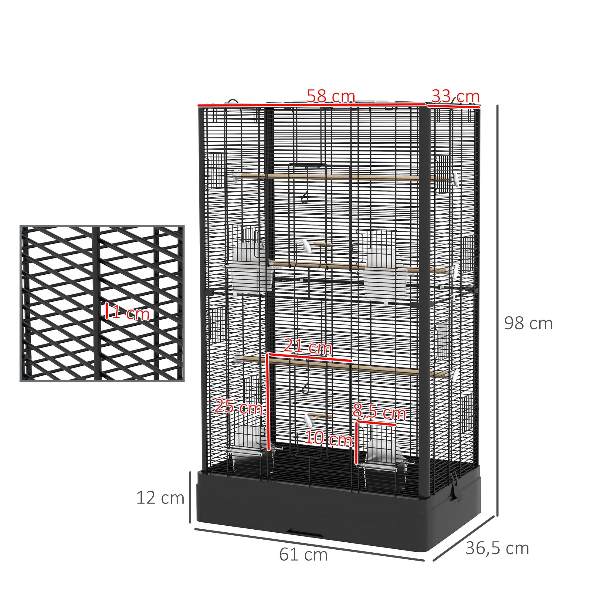Gaiola Pássaros 61x36,5x98cm Preta com Poleiros e Bandeja Removível para Canários Periquitos - 2