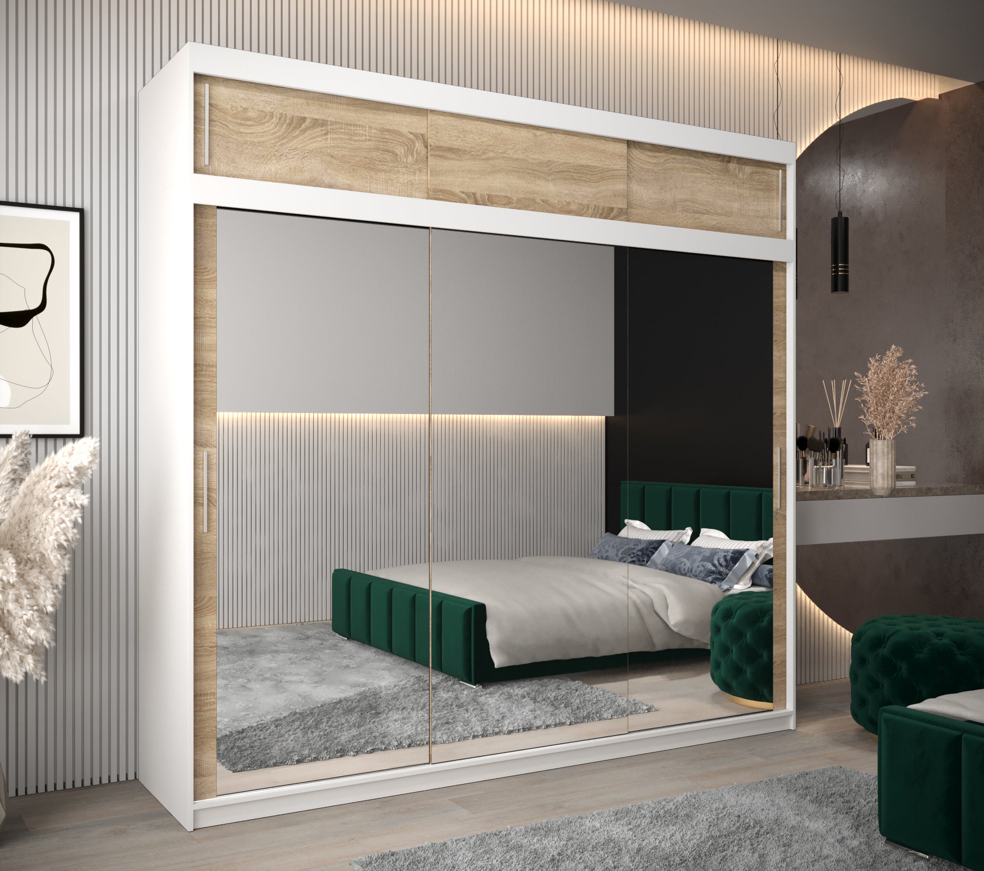 Szafa przesuwna z nadstawką garderoba TOKYO 3 250 x 62 x 240 cm Biały + Sonoma - Abiks Meble