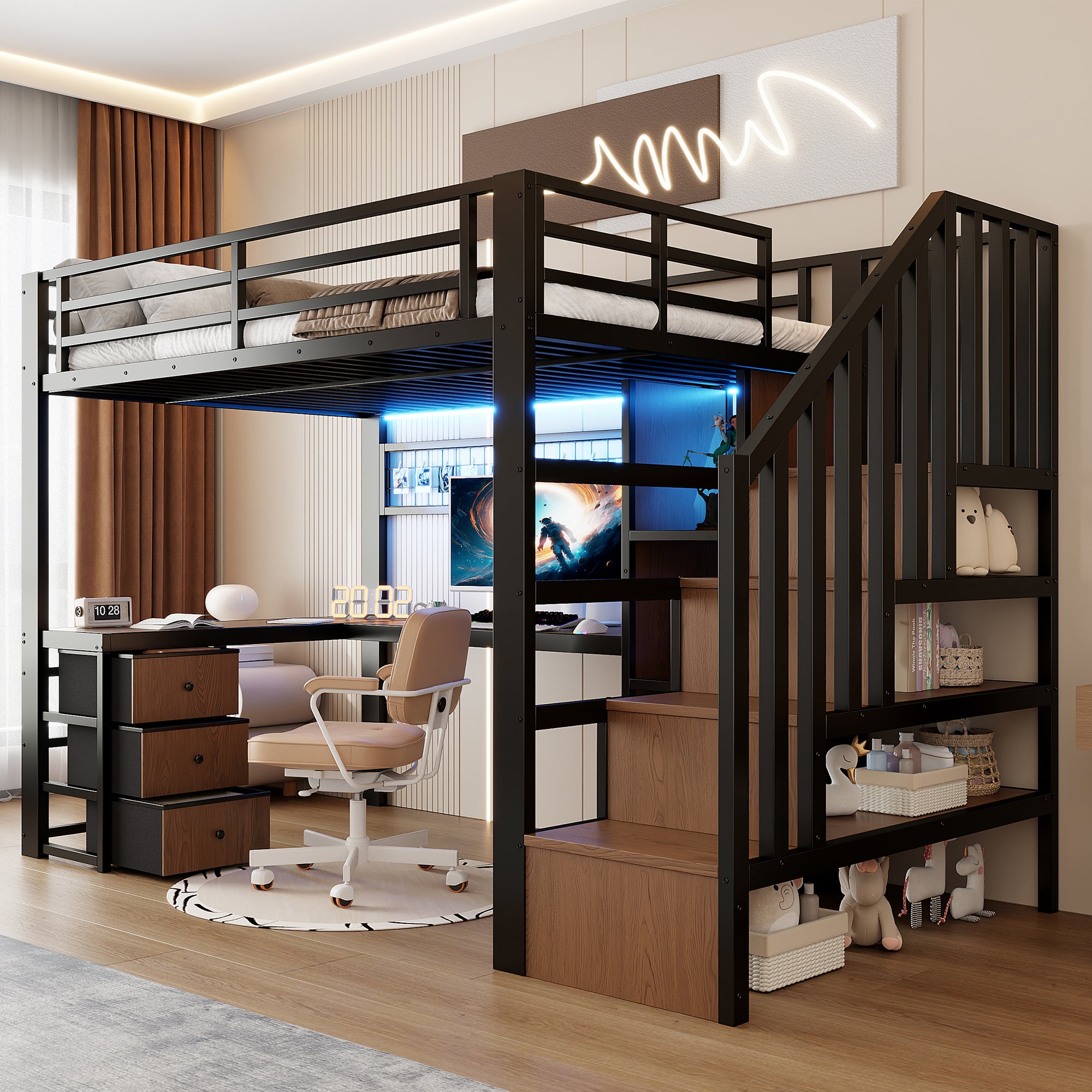 Lit mezzanine 90 x 200 cm avec bureau intégré, Lit simple structure en fer avec penderie LED, 4 tiroirs et escalier de rangement, sans matelas, Noir - 2