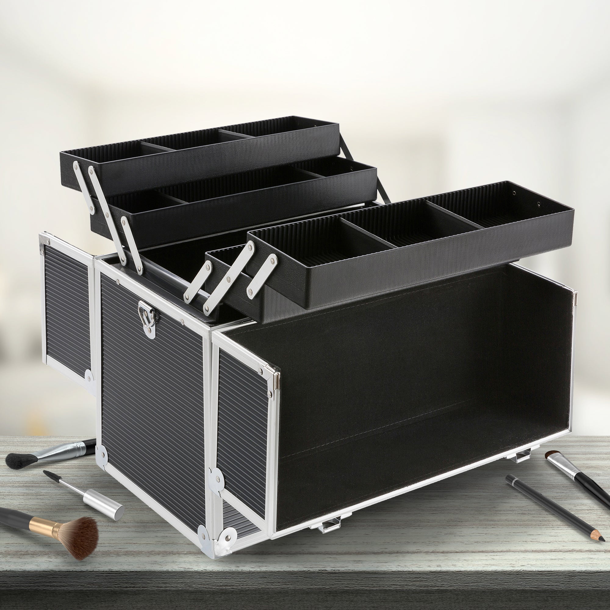 AREBOS Valise cosmétique 26L Sangle de Transport Incluse 13 Compartiments étages dépliables 39 x 36 x 23 cm Noir - 5