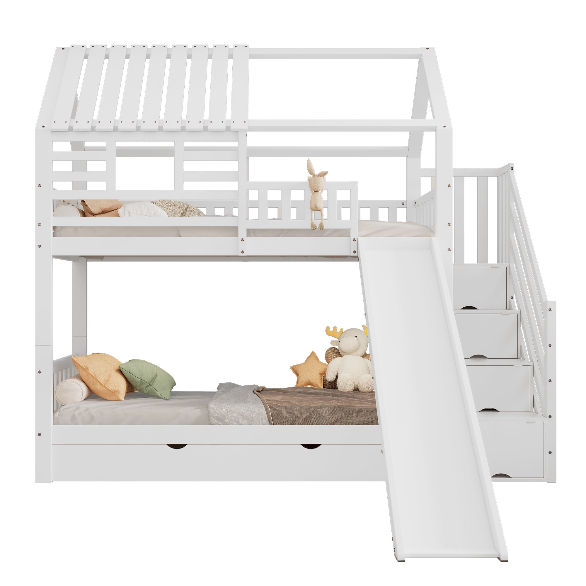 Letto A Castello 90x200 Cm Con Scivolo, Scala Con Contenitori, Tetto E Cassetti - Bianco