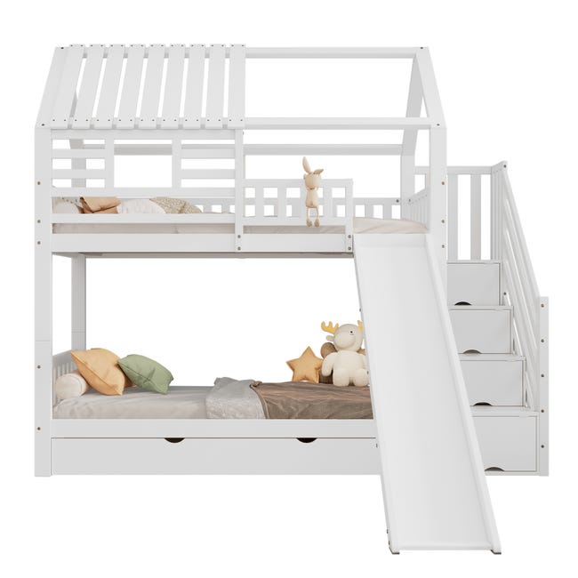 Letto A Castello 90x200 Cm Con Scivolo, Scala Con Contenitori, Tetto E Cassetti - Bianco