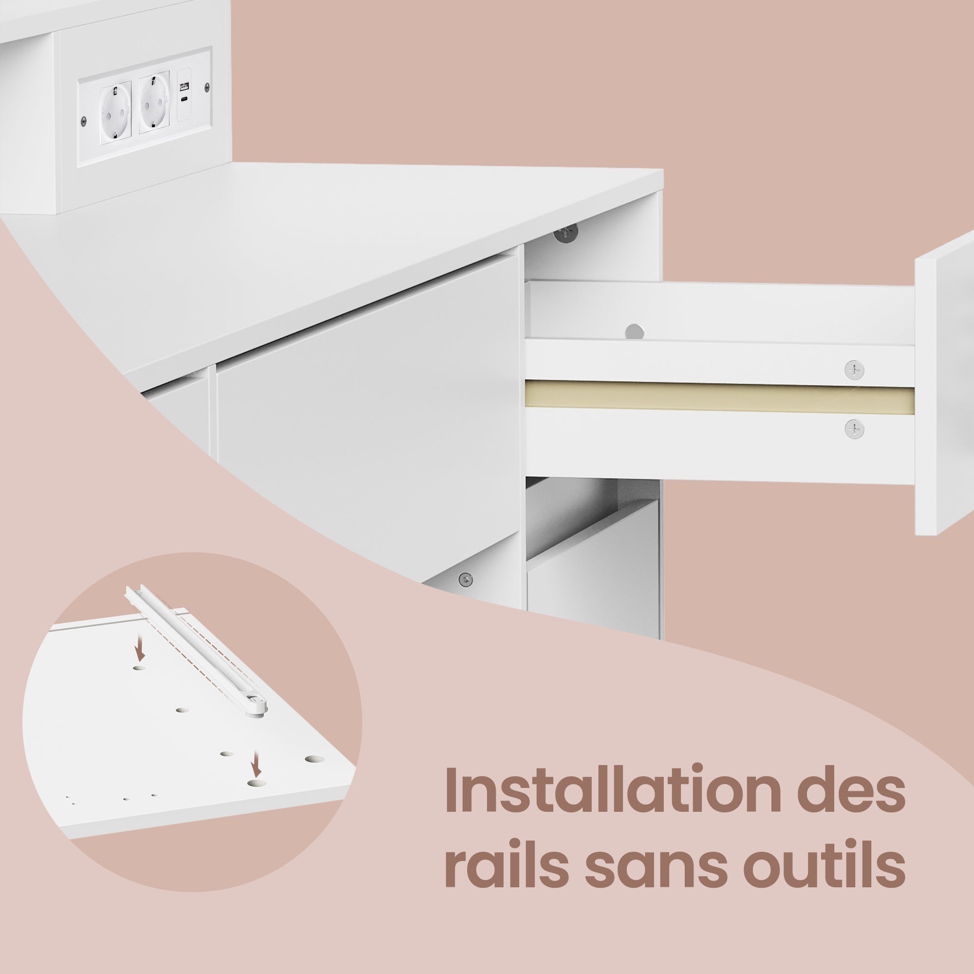 Coiffeuse avec Miroir LED, Multiprise, 2 Placards, 9 Ampoules, Éclairage 3 Couleurs, Blanc - 3
