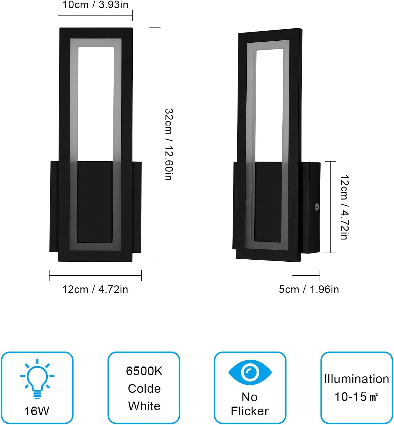 Oświetlenie ścienne LED do wnętrz, 17W nowoczesne akrylowe czarne oświetlenie ścienne, 6500K białe światło ścienne do sypialni, salonu, 32CM