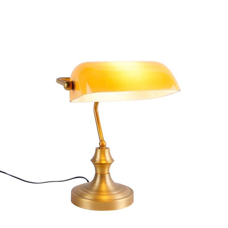 Klasyczna lampa notariusza brązowa z bursztynowym szkłem - Banker