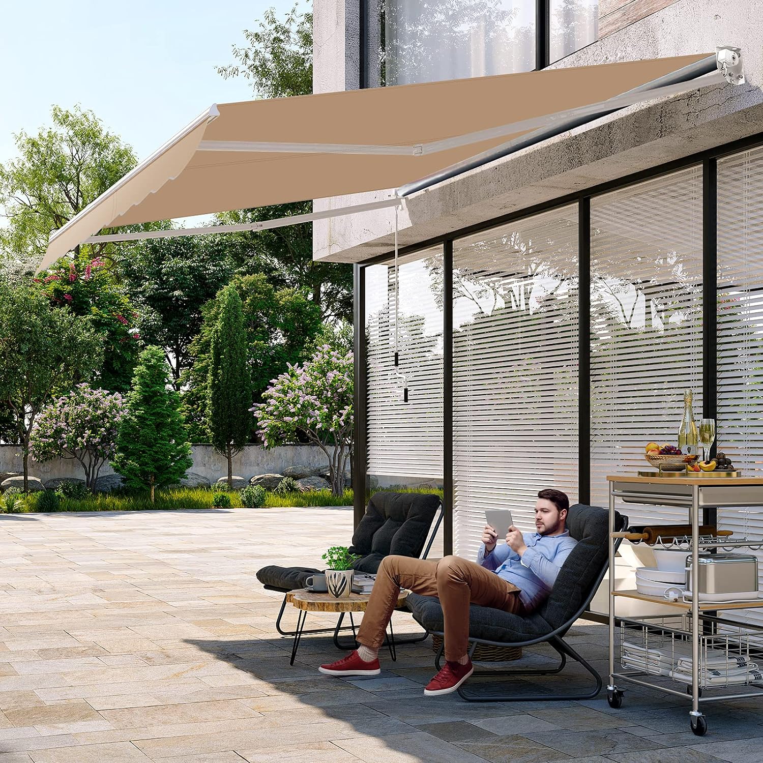 Toldo Retrátil com Manivela, Toldo Manual com Revestimento em PA e Estrutura em Alumínio Resistente para Guarda-Sol, Varanda, Jardim (295x250cm, Bege) - 2