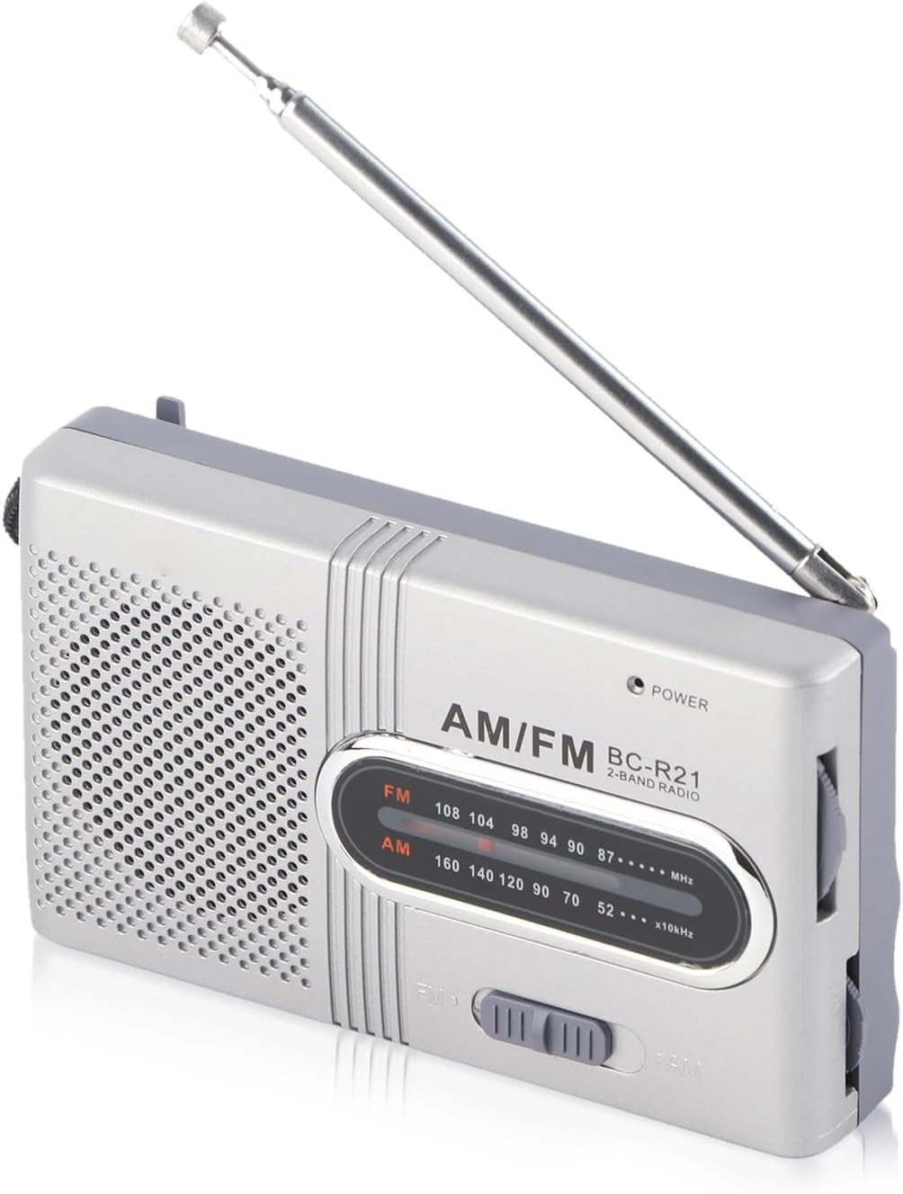 Miniaturowe przenośne radio AM/FM z wbudowanym głośnikiem, wysuwaną anteną i standardowym gniazdem słuchawkowym, w kolorze srebrnym