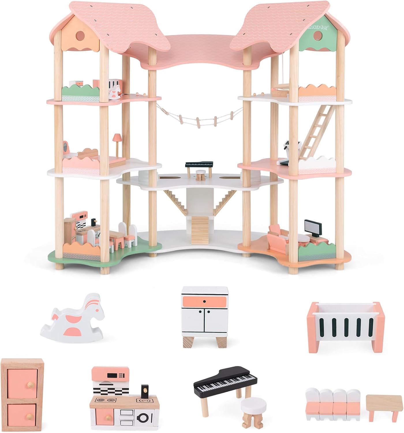 7-częściowy Domek dla Lalek, Drewniany Domek dla Lalek na 3 Poziomach z 31 Meblami dla Lalek o Wysokości od 8 do 15 cm, dla Dzieci Powyżej 3 Lat