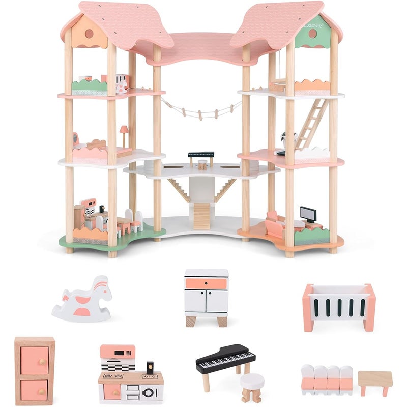7-częściowy Domek dla Lalek, Drewniany Domek dla Lalek na 3 Poziomach z 31 Meblami dla Lalek o Wysokości od 8 do 15 cm, dla Dzieci Powyżej 3 Lat