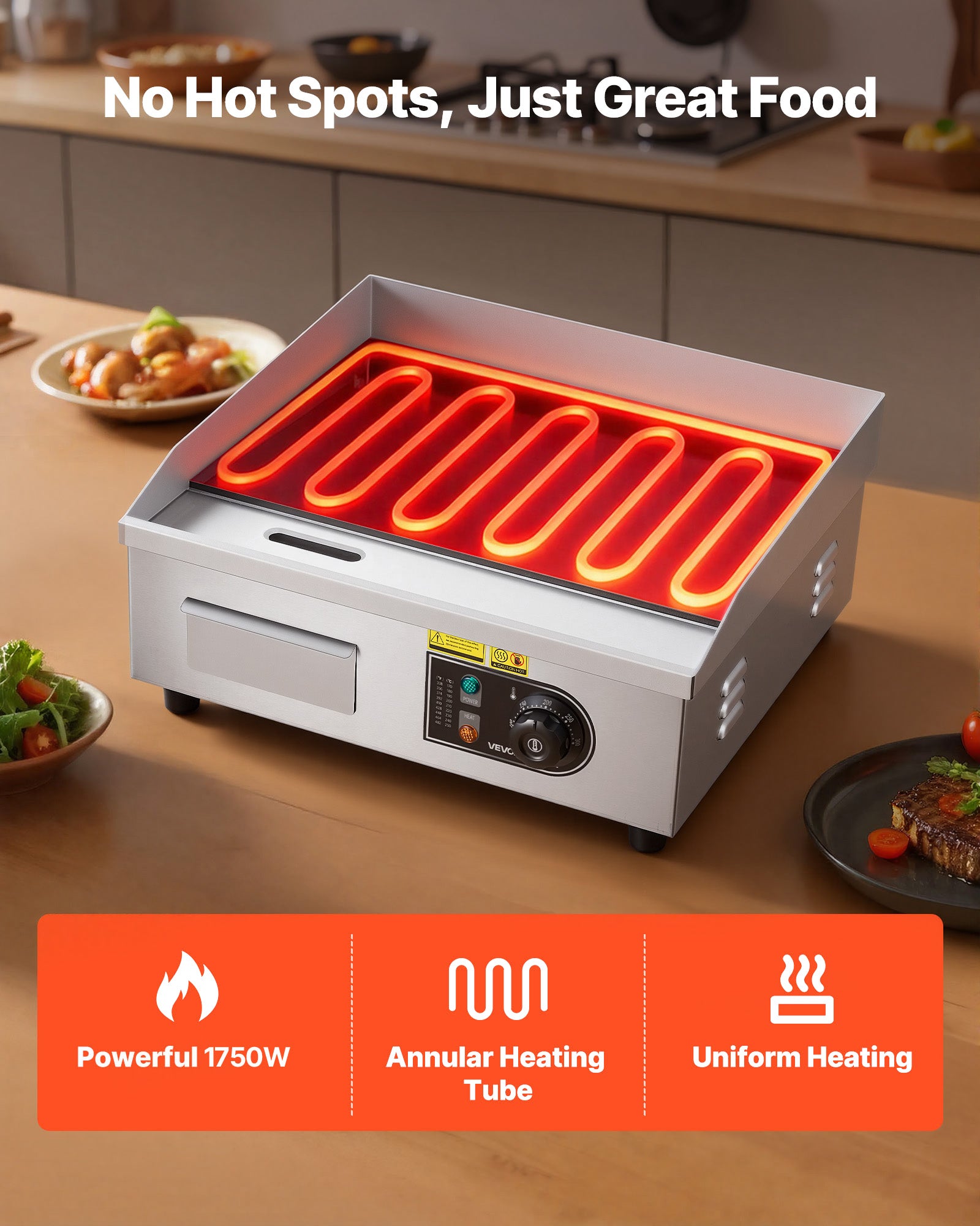 Plancha Électrique VEVOR 2800 W 45x30 cm, Plaque à Snacker avec Température Réglable 50 à 300 °C, Plaque Cuisson Lisse, avec 2 Spatules et 2 Pinceaux - 3