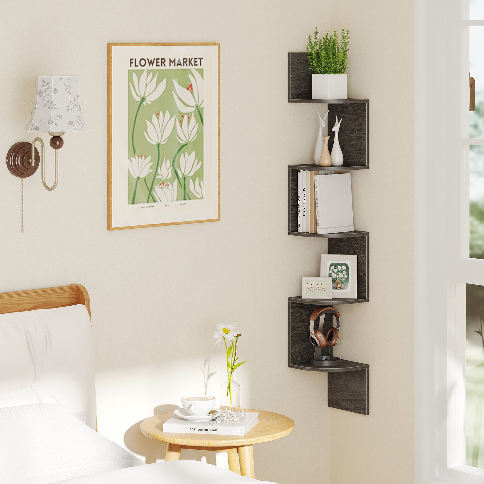 Półka narożna z 5 poziomami, półka ścienna, nowoczesny design i oszczędność miejsca w salonie, sypialni i kuchni, 20 x 20 x 126 cm, szara - 8